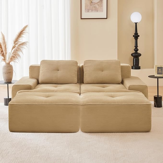 80" Modern Corduroy Boneless Love Seat Couches with 2 Ottomans, 2 Seater Large Sectional Couches for Living Room, Camel Cloud Modular Sectional Sofa, Memory Foam, Extra Deep Loveseat, No Assembly