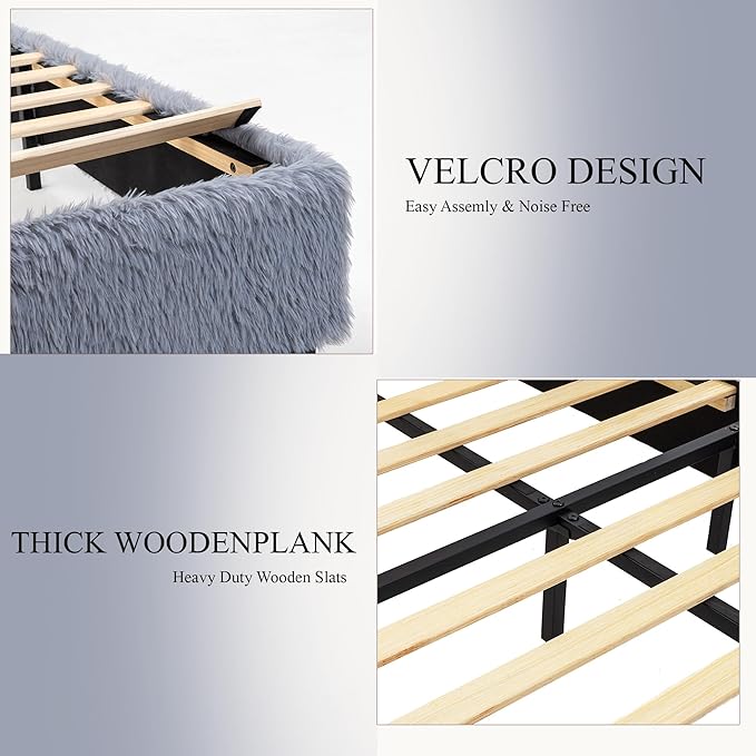 Brafab Queen Bed Frame with Headboard, Boho Fluffy Boucle Cloud Upholstered Platform Bed with Soft Rounded Corners and Wooden Slats, No Box Spring Needed, Noise Free, Easy Assembly, Gray