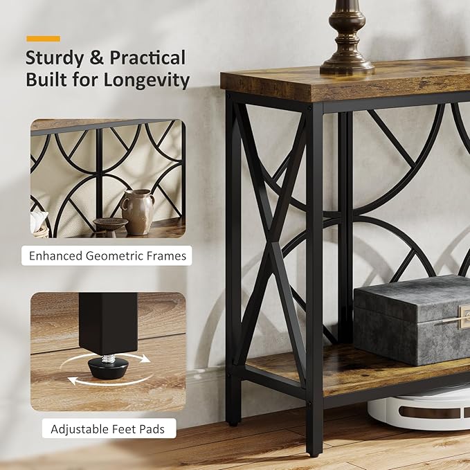 70.9-Inch Extra Long Sofa Table, Narrow Console Table Behind Couch with Storage for Entryway, Living Room, Entrance, Hallway, Foyer, Unique Geometric (Rustic Brown)