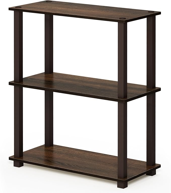 Furinno TURN-S-TUBE Storage Shelves, 3-Tier Book Shelf, Corner Shelf, Toolless Open Shelves, for Organization and Storage, Living Room, Garage, Home Office, Walnut