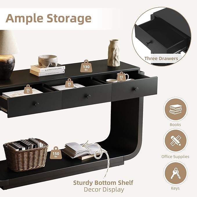 Merax 55" Entryway Table with 3 Drawers, Natural Wood Grain Finish Console Table with Fluted Design for Entryway and Living Room (Black)