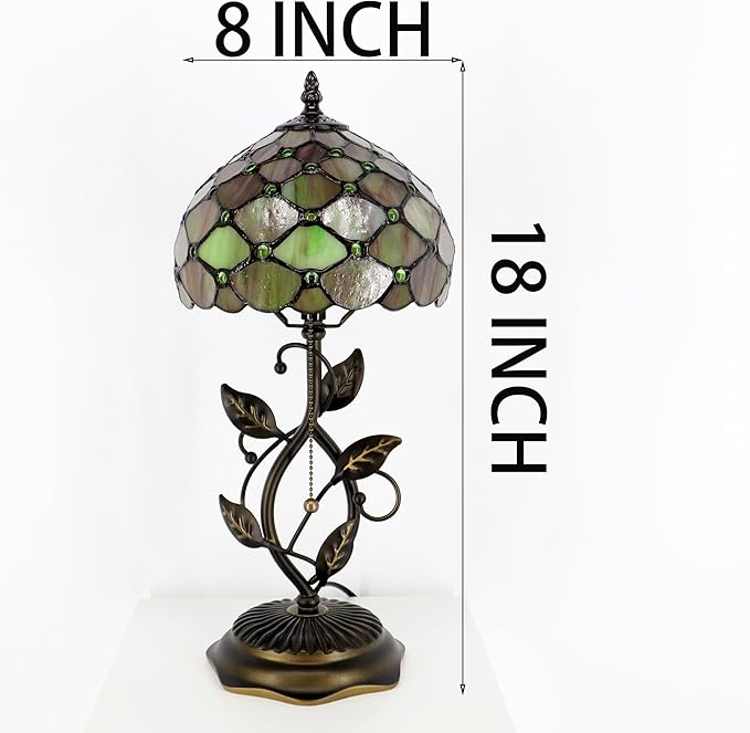 Small Tiffany Lamp Amber Green Pearl Style Stained Glass Table Lamps Desk Bedside Reading Light 8X8X18 Inches with Bronze Metal Leaf Resin Base