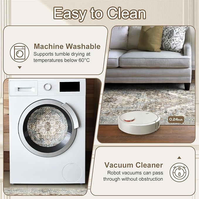 Area Rugs 5x7 - Machine Washable Vintage Oriental Soft Rug, Low Pile Thin Floor Carpet with Non Slip Backing for Living Room, Bedroom,Dorm, Kitchen, Indoor House, Office Rolling Chair