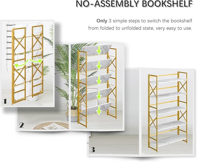 4NM Extra Wide 5 Tiers No Assembly Book Shelves, 51.2" H Folding Bookshelf Bookcase Open Industrial Foldable Shelves for Bedroom, Living Room, Home Office - White Gold