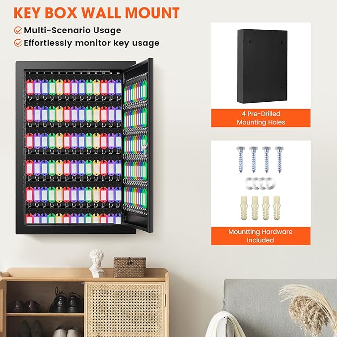 150 Keys Cabinet Organizer Wall Mount, Heavy Duty Key Lock Box with Key Hooks & 150 Tags Key Labels, Security Lockbox for Valets, Hotels, Car, Office Key Management & Storage