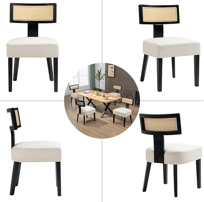 Rattan Dining Chairs Set of 4, Mid-Century Modern Fabric Upholstered Dining Room Chairs with Black Hardwood Frame, Curved Backrest Kitchen Chair Armless Accent Chairs for Dining Room (Cream)