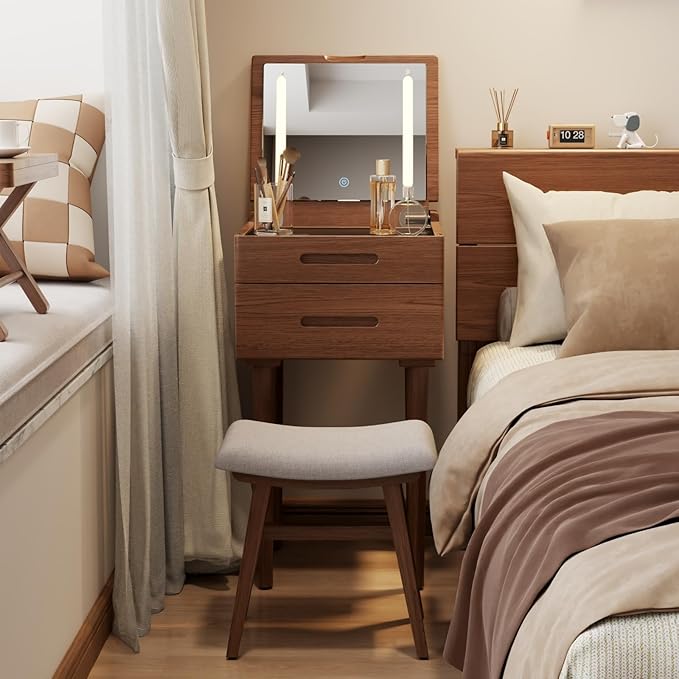Solid Wood Small Vanity Desk with Mirror and Lights, Narrow Makeup Vanity for Small Space, Flip Top Vanity Side Table, 3 Color Modes & Adjustable Brightness, 15.7" Slim Dressing Table, Walnut