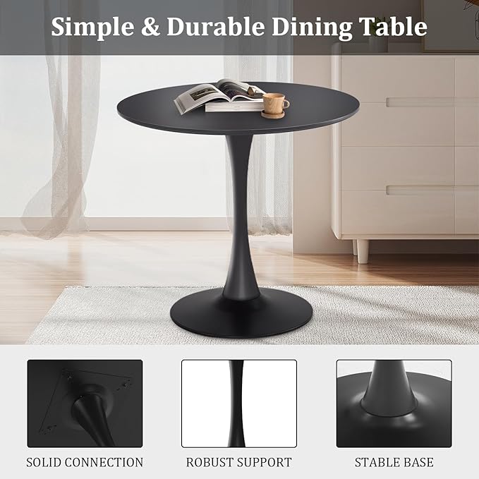 Round Dining Table,31.5”Kitchen Table for 2-4 People,MDF Table Top with Metal Pedestal Base,Tulip Design for Kitchen,Dining Room,Living Room,Leisure,Black