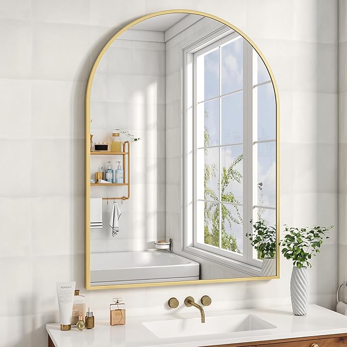 32"x48" Arched Bathroom Mirror with Aluminum Frame Arched Wall Mounted Vanity Mirror for Entryway, Bedroom, Living Room, Gold