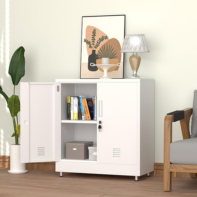 Metal Storage Cabinet with Locking Doors and Adjustable Shelf, Small Lockable Sideboard Buffet Cabinet for Home, Office, Entryway, Hallway, Living Room, Kitchen and Dining Room (White)