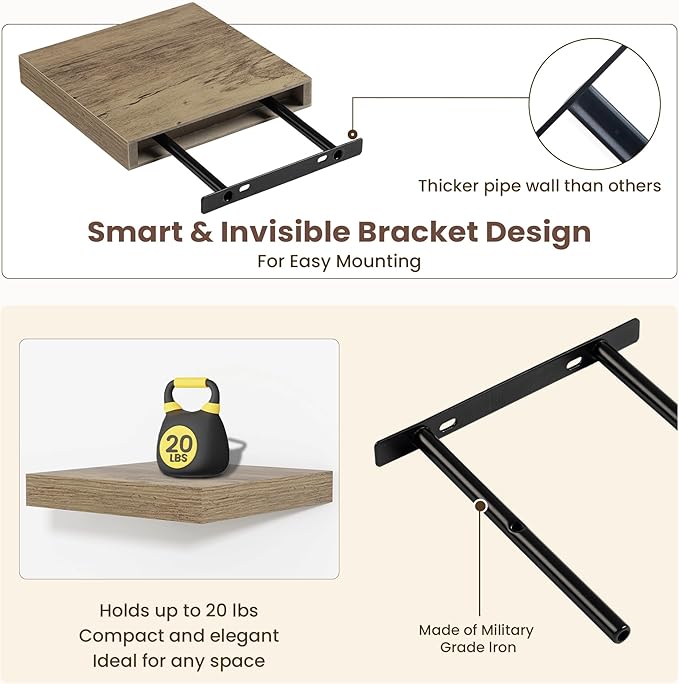 Fun Memories Floating Shelves for Wall - 7.5 Inch Square Shelves with Invisible Brackets, Small Wall Shelf for Living Room, Bathroom, Bedroom, and Kitchen Decor，Grey Set of 3