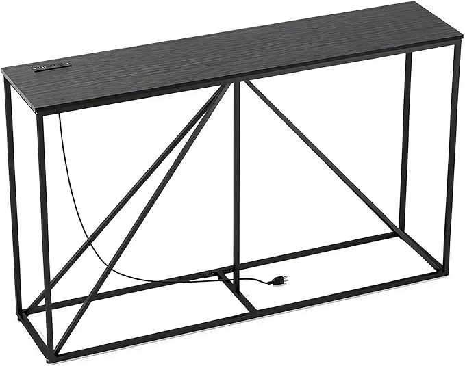 Console Table, 51" W × 12" D × 31.5" H Sofa Table Behind Couch, Entryway Table with Electrical Outlet & USB Ports, Industrial Pyramid Metal Base Console Table for Entryway, Black Wood