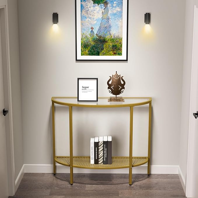 SAYGOER Glass Half Moon Console Table 2 Tier Narrow Entryway Table with Gold Metal Frames, Modern Couch Table Small Entry Way Tables, Easy Assembly, Clear Glass Gold Frames