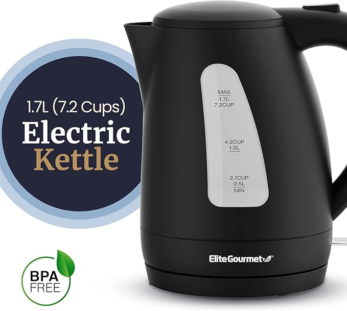 Elite Gourmet EKT8690X 1.7L Electric Tea Kettle 1500W, Hot Water Heater Boiler BPA-Free, Fast Boil, Water Level Window and Auto Shut-Off, Black