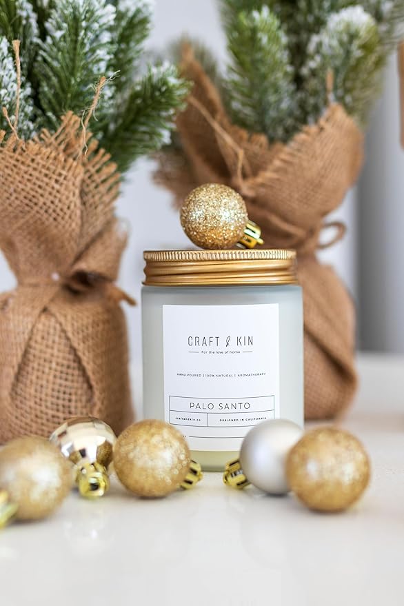 Craft & Kin Palo Santo Christmas Scented Candle | 8 Oz 45 Hour Long Lasting | Classic Soy WoodWick Winter Candles | Made with Natural Soy | Holiday Candles Gifts for Men and Women