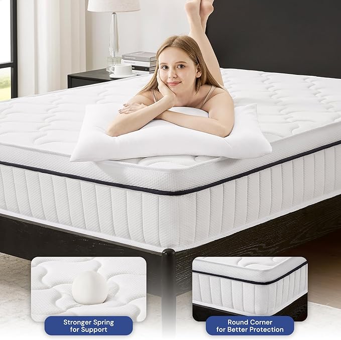 Full Mattress 10 Inch Hybrid Mattress - Medium Firm, Pocket Spring & Foam, White, Full Size - CertiPUR-US Certified
