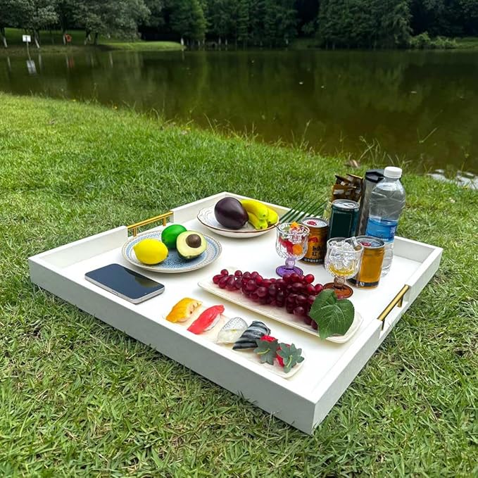 24x24 Inches Extra Large White Faux Leather Wrapped Wood Ottoman Tray with Golden Handles for Serving Food and Breakfast On Bed, Square Coffee Table Organizer, Home Decor and Decorative