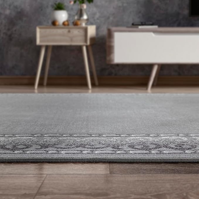 Antep Rugs Alfombras Bordered Modern 8x10 Non-Slip (Non-Skid) Low Pile Rubber Backing Indoor Area Rug (Gray, 7'10" x 10')