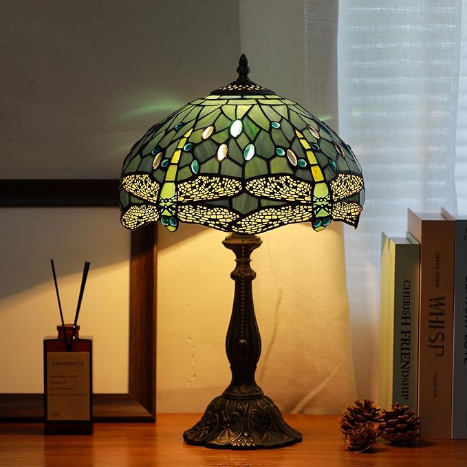 Tiffany Lamps Sea Blue Dragonfly Style Stained Glass Table Lamp Desk Bedside Reading Light 12X12X18.5 Inches with Bronze Resin Base Applicable to Bedroom Living Room Office