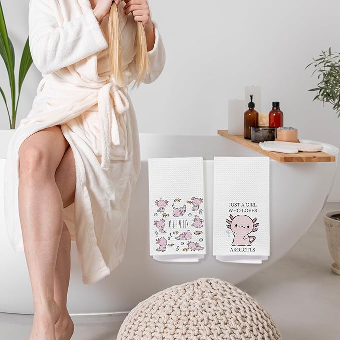 Axolotl Lover Gifts Bathroom Hand Towels, Kids Bathroom Decor, Cute Pink Axolotls Kitchen Towels, Animal Lover Gifts Dish Tea Towel, 16x24 Inch Set of 2