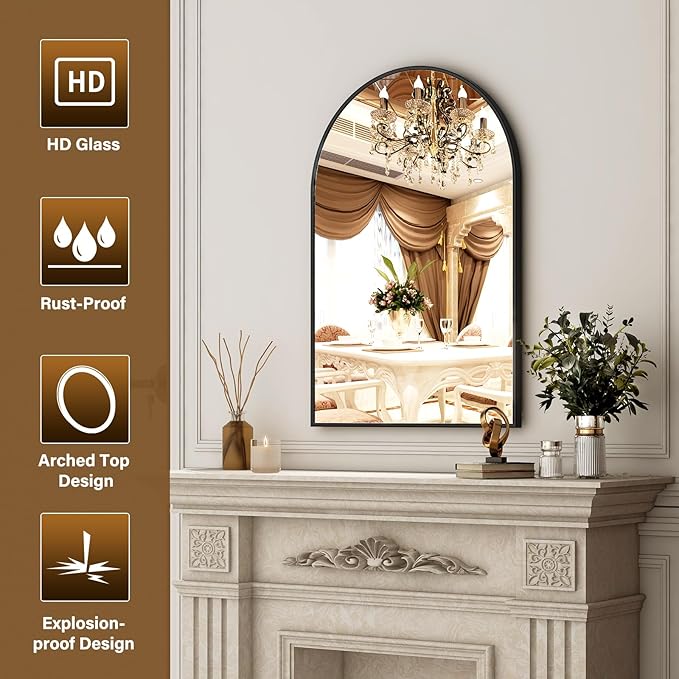 24"x36" Black Arched Bathroom Mirror - Wall Mirror for Bathroom, Metal Frame Vanity Mirror, Dresser Mirror, Arch Decorative Mirrors for Living Room, Bedroom, Entryway, Mantle