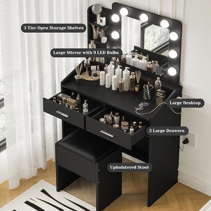 Vanity Desk with Mirror and Lights for Bedroom, Black Modern Makeup Table with 2 Drawers, 3 Light Modes & Dimmable LED, Includes Stool