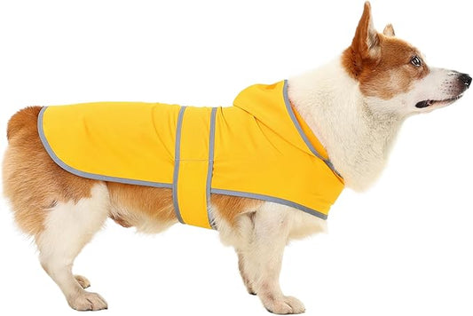Dog Raincoat for Medium Dogs Waterproof Hooded Rain Jacket with Reflective Strips Leash Hole & Poncho Adjustable Fit (Yellow,L)