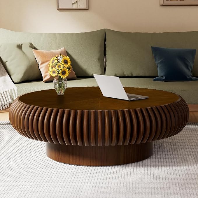 Round Fluted Coffee Table Modern Handcraft Drum Coffee Table with Sturdy Pedestal 39.37" Farmhouse Center Table Tea Table for Living Room, Reception Room, Entertainment Room (Walnut 39.37")