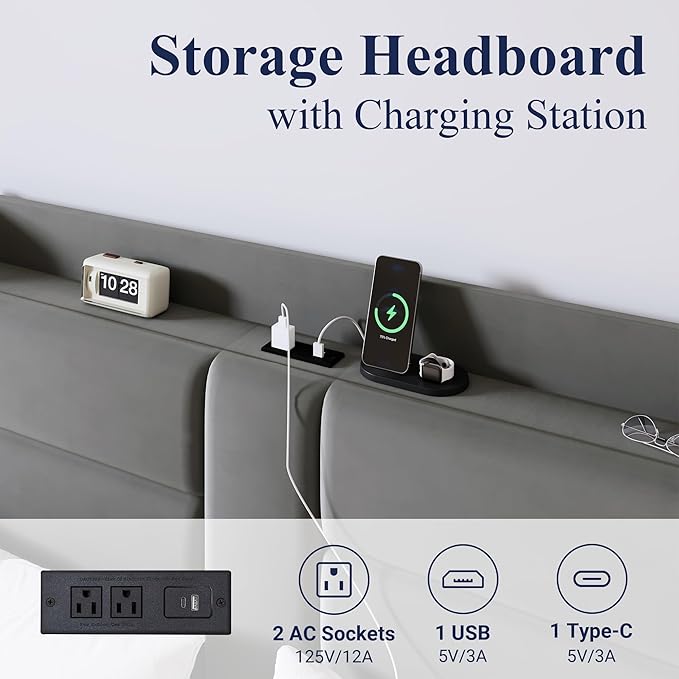 Allewie Full Size Platform Bed Frame with Charging Station & Storage Headboard, Upholstered Velvet Wingback Design & USB Port, Strong Wooden Slats Support, No Box Spring Needed, Easy Assembly, Grey