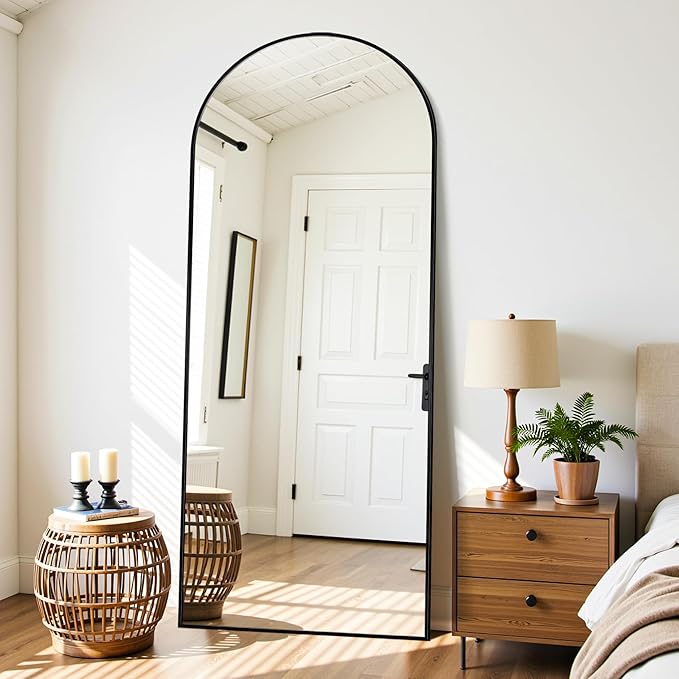 Full Length Mirror, 65"x22" Oversized Floor Mirror Freestanding, Full Body Mirror Floor Standing Mirrors with Stand, Hanging Mounted Mirrors for Bedroom Living Room, Black, Arched Style