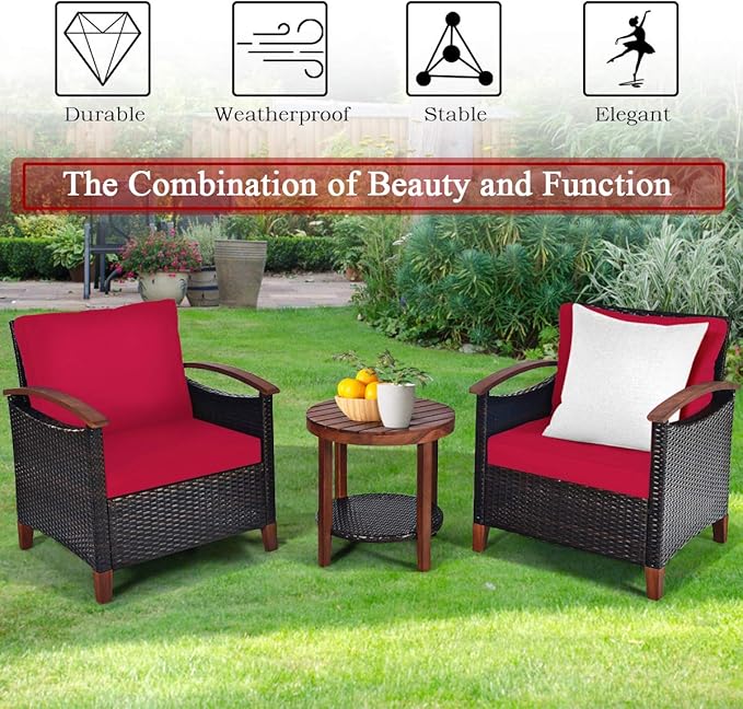 Tangkula 3 Pieces Patio Furniture Set, Outdoor Rattan Sofa and Side Table w/Solid Acacia Wood Frame, High Load Bearing Conversation Bistro Set w/Washable and Removable Cushions (Red)