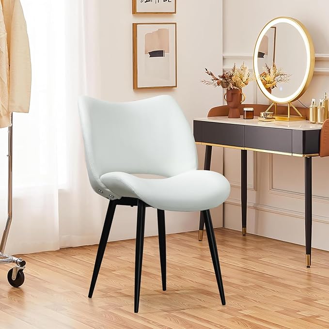 Modern Upholstered Dining Chairs Set of 2 Accent Dinner Chair with Pu Faux Leather and Middle Curved Back for Kitchen Living Room Bedroom (White)