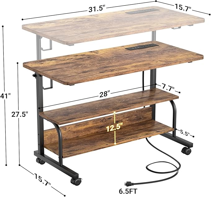 32" Height Adjustable Standing Desk with Power Outlets - Manual Rolling Stand Up Desk with Wheels Small Portable Computer Desk Mobile Laptop Table with Storage Shelves for Home Office, Rustic