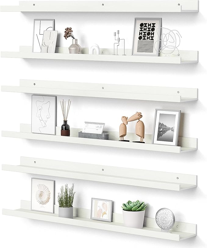 upsimples Floating Shelves for Wall, 35.5 Inch Shelves for Decor Storage Set of 6, Wall Mounted Wood Shelf for Bedroom, Living Room, Bathroom, Kitchen, Long Picture Ledge Shelves, White