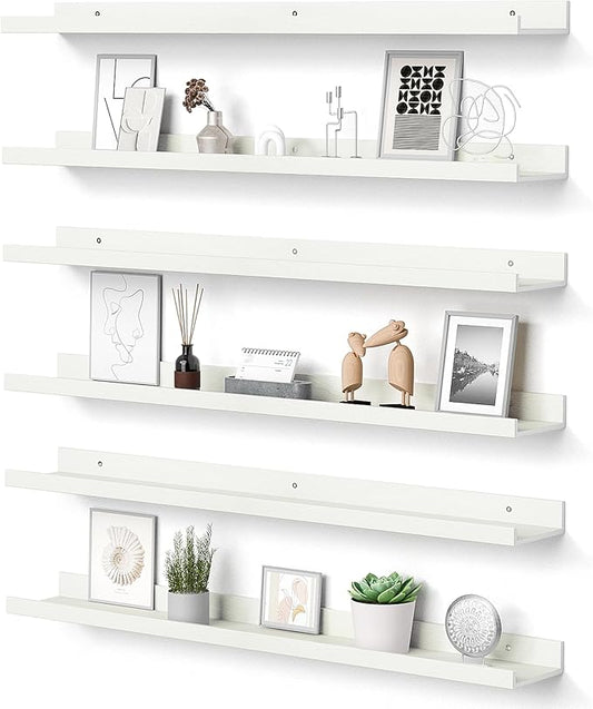 upsimples Floating Shelves for Wall, 35.5 Inch Shelves for Decor Storage Set of 6, Wall Mounted Wood Shelf for Bedroom, Living Room, Bathroom, Kitchen, Long Picture Ledge Shelves, White