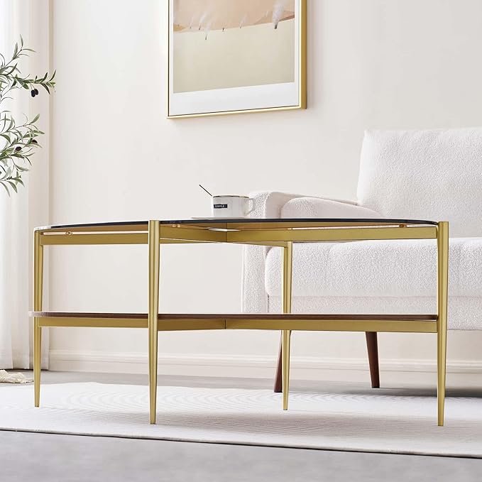 Oval Glass Coffee Table, Mid-Century Modern Design, L43 x W22 x H17 inch, 2-Tier Structure, Olive Shaped Amber Glass Top and Walnut Finish Wood Shelf, Tapered Legs with Gold Finish Frame