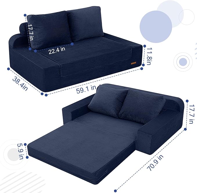 COMAX Convertible Sofa Bed Queen, Folding Floor Couch Corduroy Fold Out Couch Bed Sleeper Mattress with Back Pillows, Boneless Pull Out Loveseat Comfy Futon Lounge for Living Room Bedroom, Navy Blue