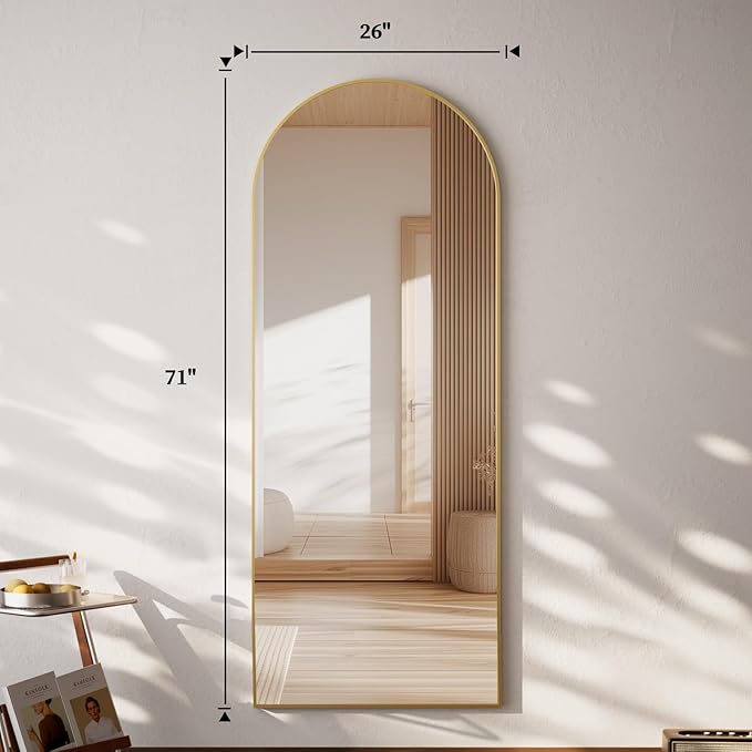 71 x 26 inch Arched Full Length Mirror - Full Body Floor Mirror, ShatterVue Tempered Glass, Standing, Leaning, Wall Mounted for Living Room, Bedroom, Gold