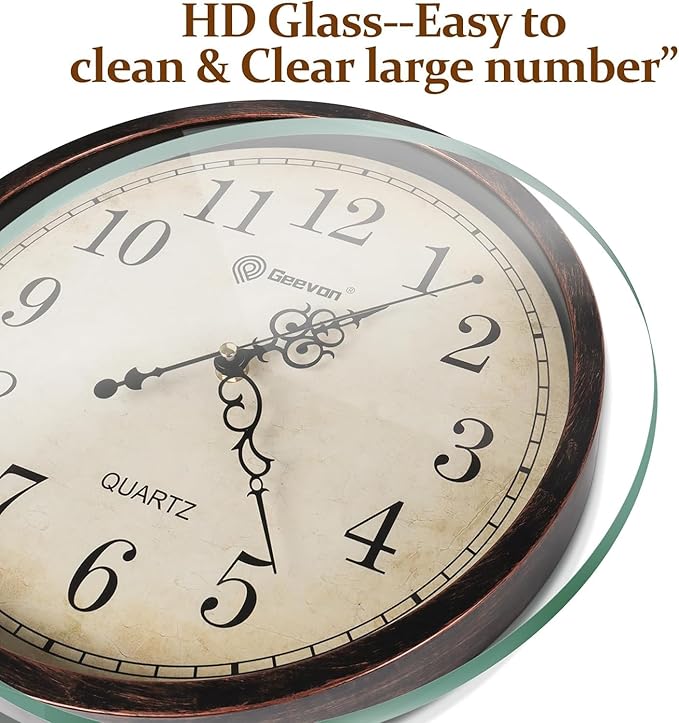 Geevon Vintage Wall Clock, Silent 14" Non Ticking Retro Round Clock Quartz Decorative Battery Operated Wall Clock for Kitchen,Office,Classroom,Bedroom,Living Room Decor