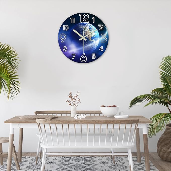 Blue Glow in The Dark Clocks for Living Room 14 Inch Battery Operated Wall Clock Non Ticking Decorative Wall Clock for Teenager