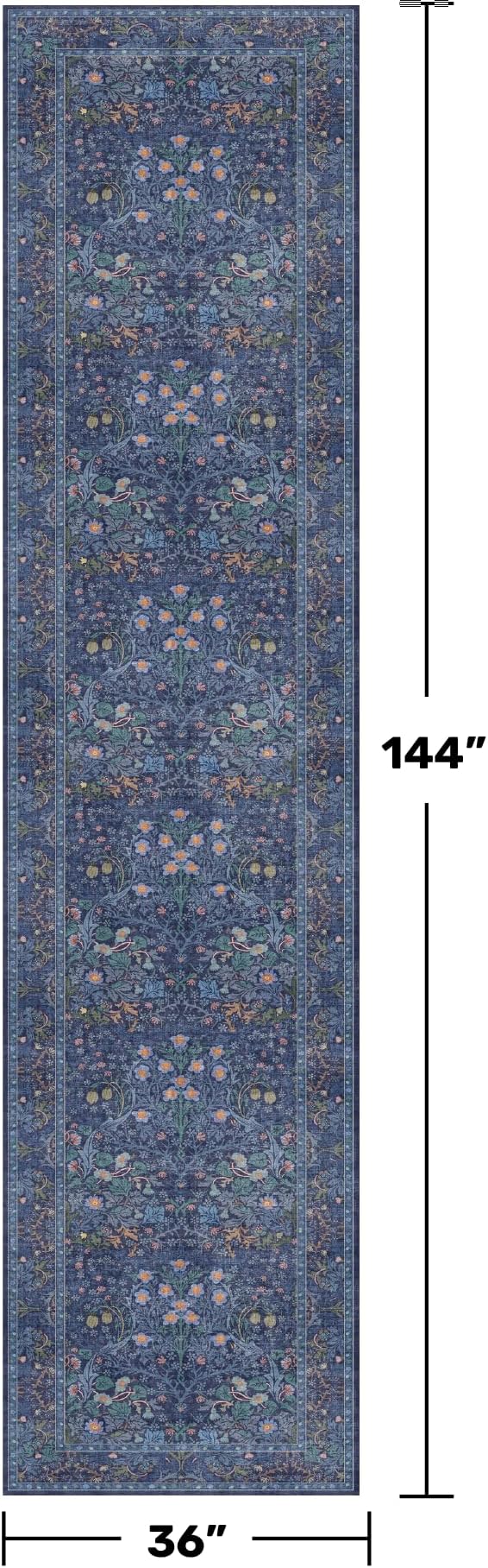 Dark Blue 3x12 Extra Long Wide Runner Rug for Hallway, Non Slip Washable, 12 ft Large Kitchen Floor Rugs for Indoor Entrance, Low Pile Stain Resistant Vintage Floral Carpet