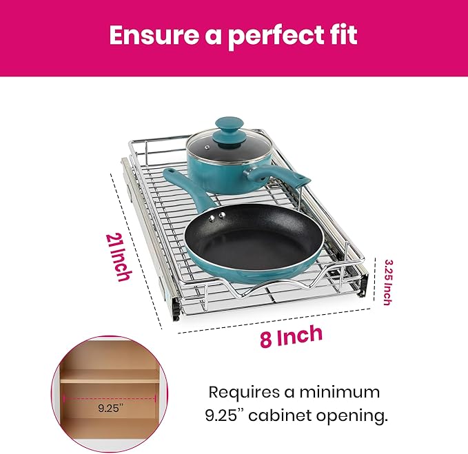 HOLDN’ STORAGE Pull Out Cabinet Organizer, Heavy Duty Caddy w/Lifetime Limited Warranty - 8”W x 21”D - Requires At Least 9-1/4” Cabinet Opening, Steel Metal Cabinet Drawers Slide Out, Chrome