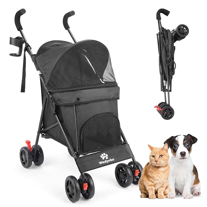 Pet Stroller for Small Dogs Medium Dogs 33lbs, Dog Pram Ultra Light - only 3.5 kg, Dog Stroller Pet Pram with 4 Wheel Foldable/Storage Basket/Cup Holder-P07