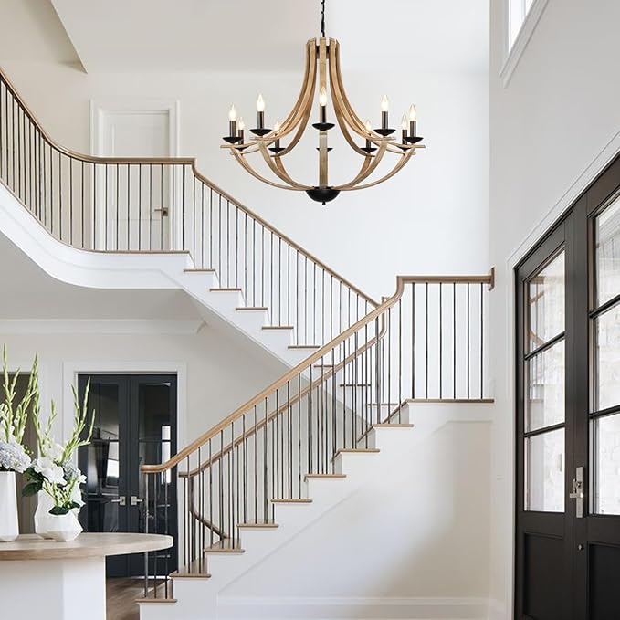 Farmhouse Chandeliers for Dining Room Light Fixture, 10-Light 35" Adjustable Height Retro Faux Wood Texture Rustic Light Fixtures for Living Room Bedroom Kitchen Island Foyer Entryway