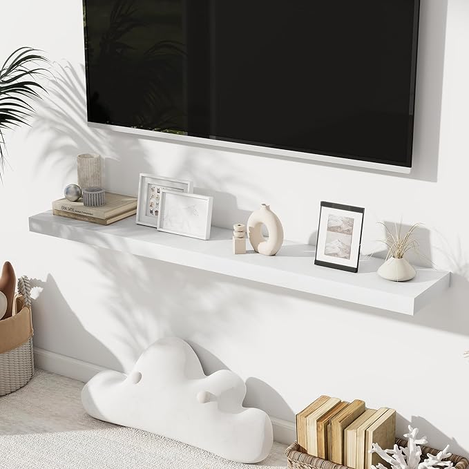 Floating Shelves for Wall, 24 Inch Floating Shelves Set of 2, Wall Mounted Rustic Wood Shelf for Bathroom, Living Room, Bedroom and Kitchen, Hanging Shelf for Storage, Books, Home Decor, White