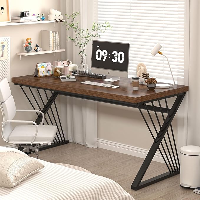 FOLUBAN Home Office Desks, Modern Wood and Metal Writing Study Work Table, Industrial Computer Desk for Bedroom Living Room, Rustic Walnut, 47 Inch