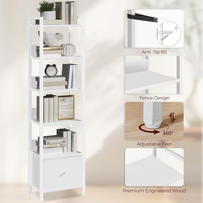 Bookshelf, 6-Tier Bookcase with Drawer, Small Book Shelf for Small Space, Storage Shelf Organizer, for Living Room, Bedroom, Study, Kitchen, White BKWT66101