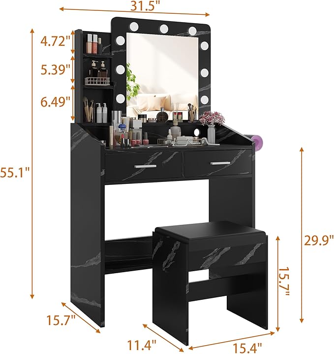 Vanity Desk with Mirror and Lights for Bedroom, Marble Black Modern Makeup Table with 2 Drawers, 3 Light Modes & Dimmable LED, Includes Stool