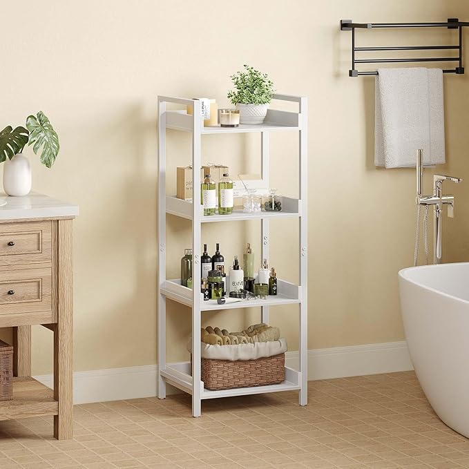 Rolanstar Bookshelf, 4-Tier Storage Rack, Narrow Corner Bookshelf, Display Wooden Shelves for Living Room, Bathroom, Balcony, Kitchen,White