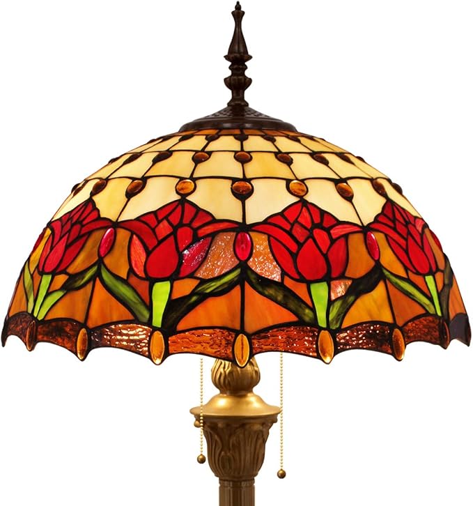 WERFACTORY Tiffany Floor Lamp Red Amber Tulip Flower Stained Glass Standing Reading Light 16X16X64 Inches Antique Pole Corner Lamp Decor Bedroom Living Room Home Office S030 Series